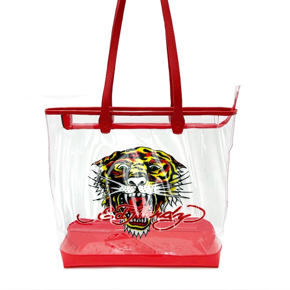 Vibrant Red Tote with Transparent Design and Graphic Accent